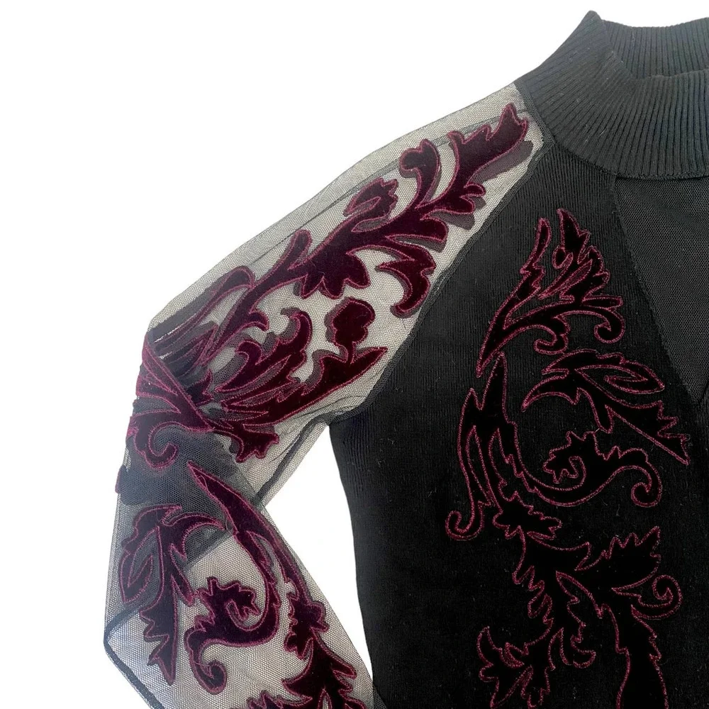 INC Flocked Velvet Illusion Black & Wine Choker Mesh Sweater Top Medium - Picture 6 of 11
